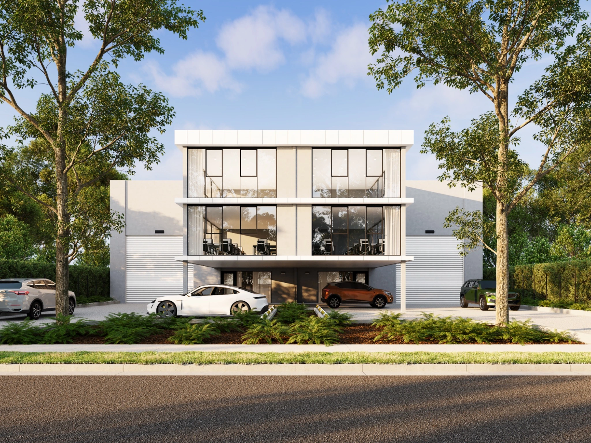 Commercial architectural visualisation for Reserve Court, Altona North, featuring a contemporary glazed office frontage, adjoining warehouse spaces, customer parking and landscaped surrounds. Photorealistic commercial building 3D render on Reserve Court in Altona North with a glazed office facade, warehouse wings, parking and established trees
