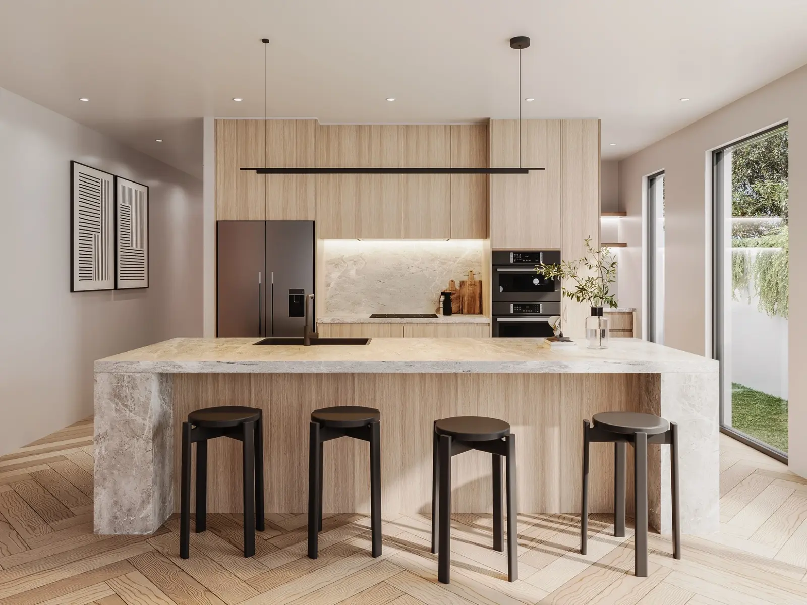 Modern kitchen visualisation for Rutland Street, Niddrie, featuring pale timber cabinetry, stone benchtops, integrated appliances, a generous island and natural daylight. Photorealistic residential 3D render of a modern timber and stone kitchen on Rutland Street, Niddrie, with a large island and garden-facing windows