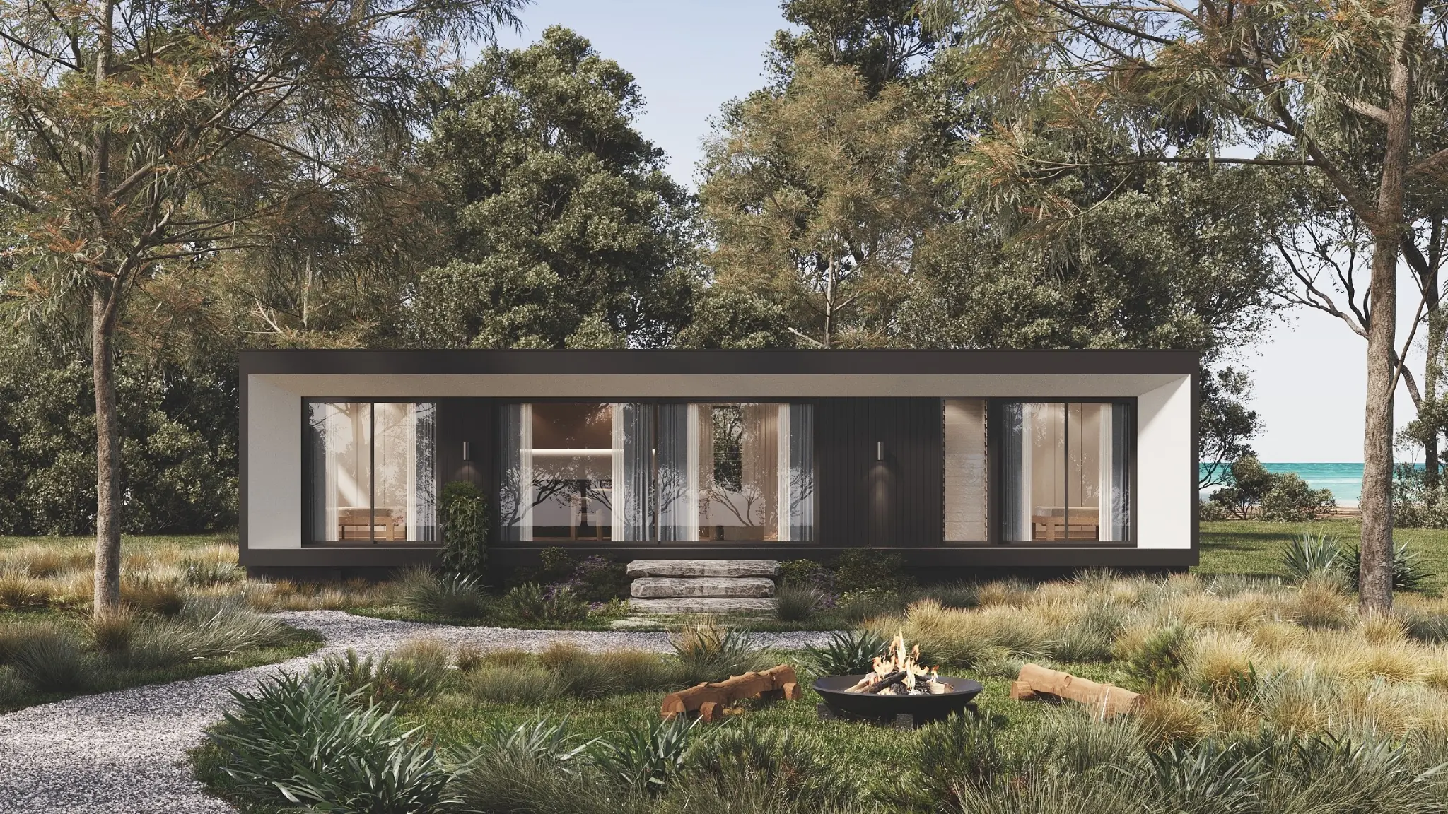 S40902 Coastline Studios CS2 exterior facade visualisation featuring a low contemporary form, expansive glazing, native landscape and coastal setting. Photorealistic exterior 3D render of Coastline Studios CS2, a contemporary single-storey modular coastal home surrounded by native trees and landscaping