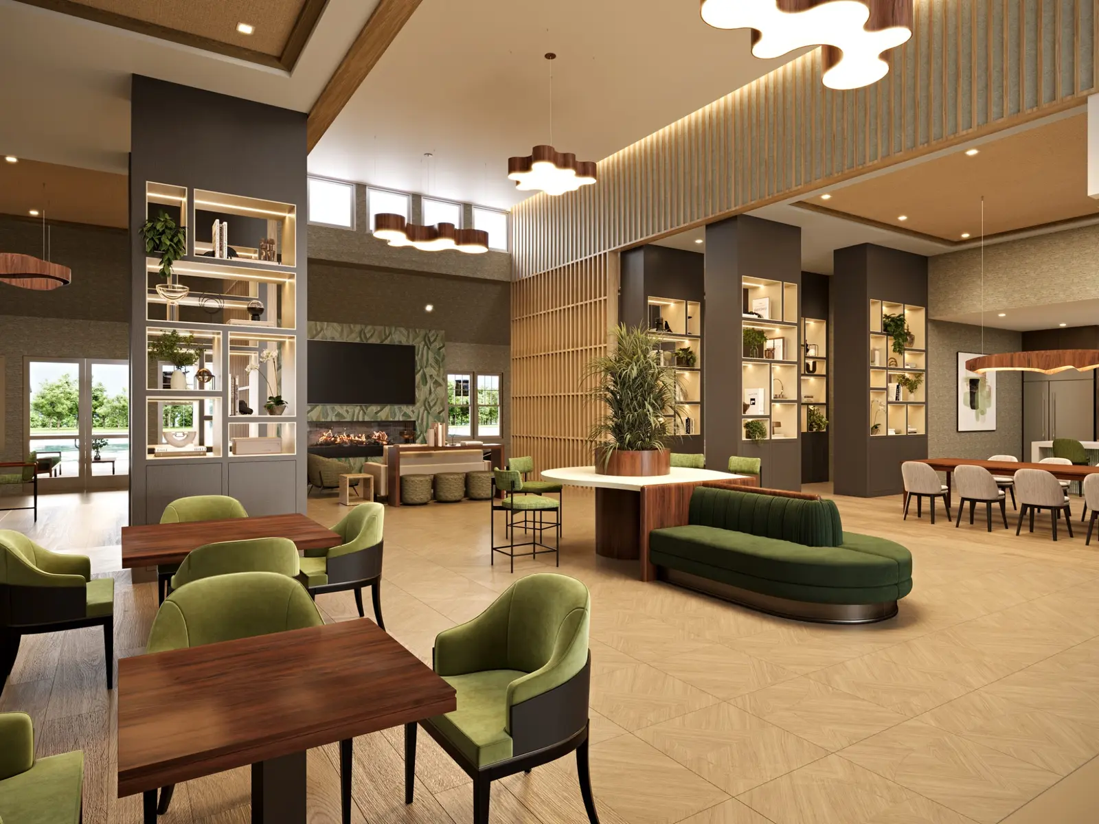 Recreation-centre interior visualisation presenting a generous community lounge with flexible seating, dining and social areas, integrated planting, timber screening and warm feature lighting. Photorealistic commercial 3D render of the South Brunswick Recreation Centre lounge with green seating, timber screens, feature lighting and community dining spaces