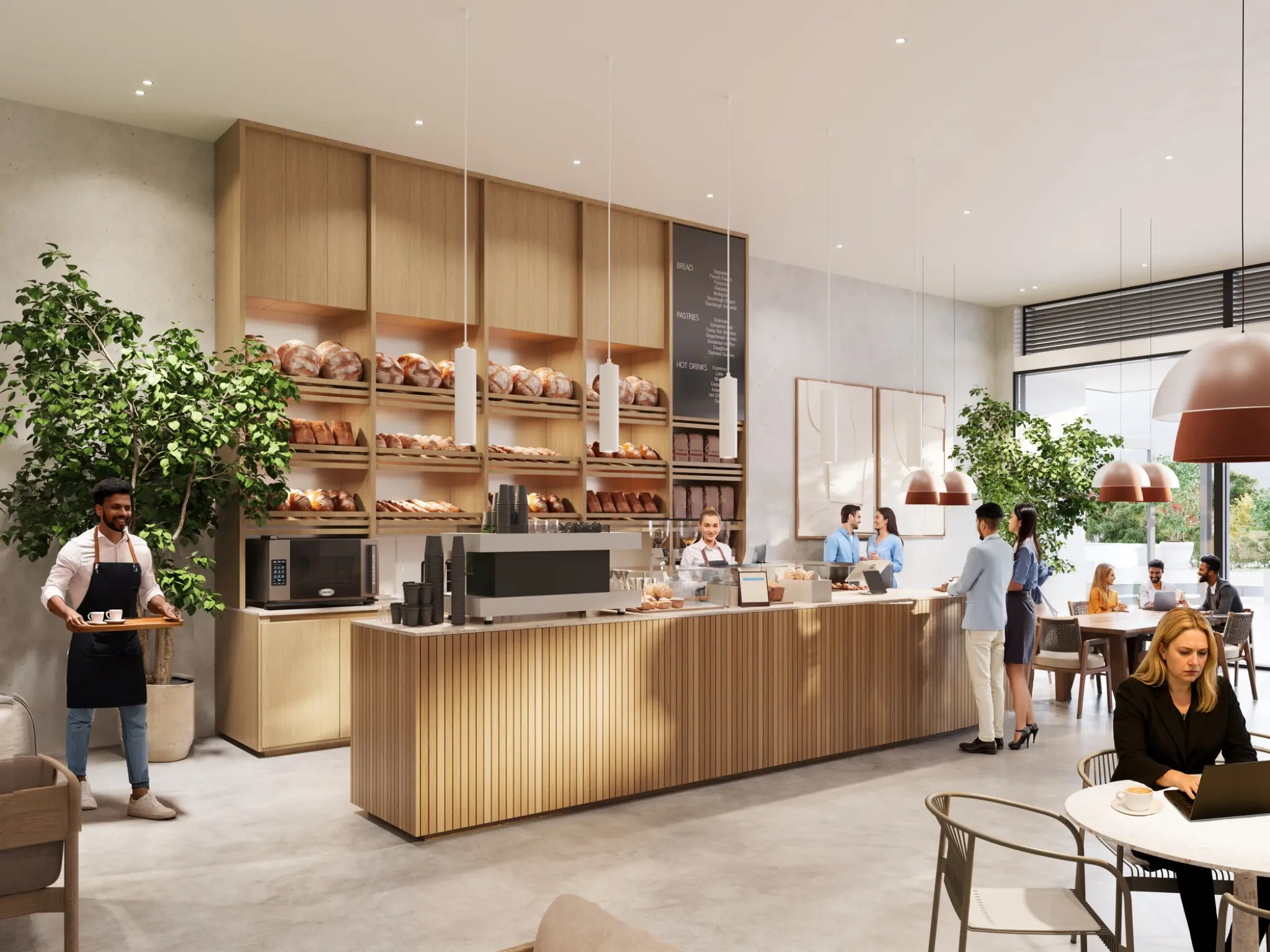 Hospitality interior visualisation for a café tenancy at South Jerrabomberra Town Centre, featuring a warm timber counter, bakery merchandising, integrated planting and an active customer experience. Photorealistic 3D render of a café tenancy at South Jerrabomberra Town Centre with a timber service counter, bakery display, pendant lighting, indoor trees and customer seating