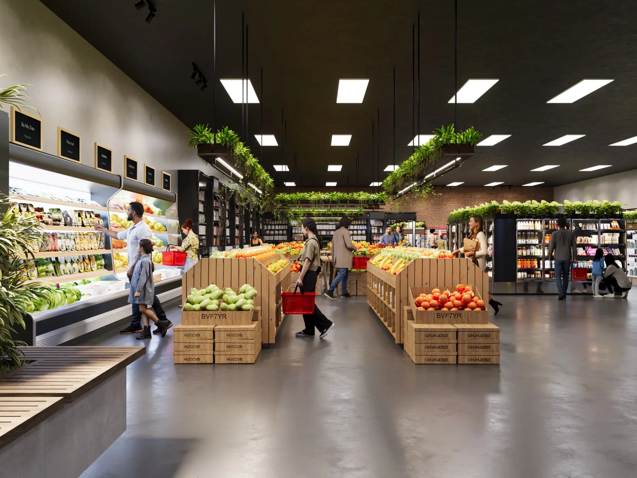 Retail interior visualisation for the South Jerrabomberra Town Centre supermarket, communicating fresh-food merchandising, aisle layout, lighting, planting and customer circulation. Photorealistic 3D render of a supermarket at South Jerrabomberra Town Centre with fresh produce displays, refrigerated aisles, suspended planting and shoppers