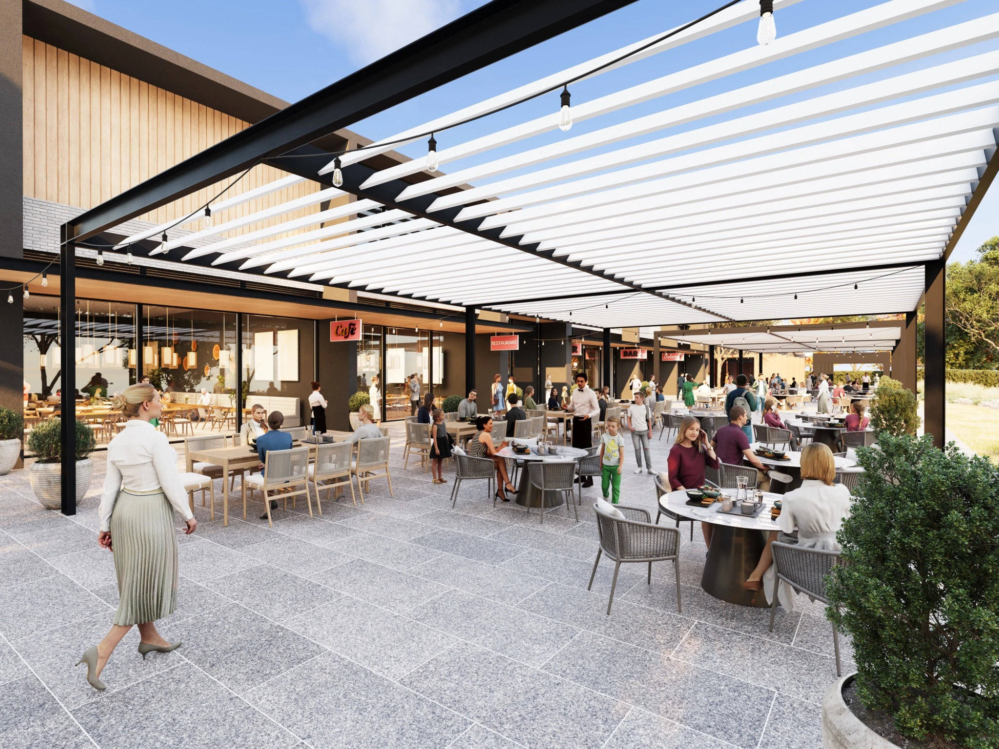Photorealistic community-focused architectural visualisation with landscaped outdoor spaces and people