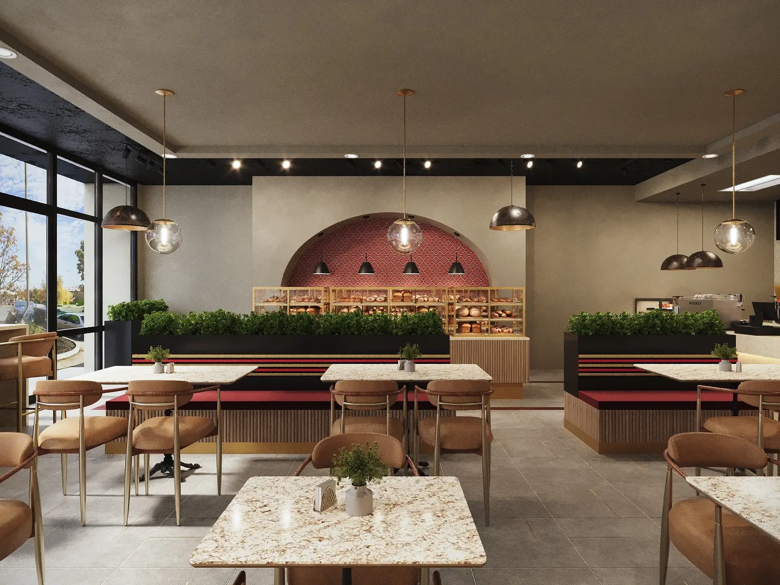 Hospitality visualisation for a Springfield café, communicating the bakery display, counter service zone, table and banquette layout, decorative lighting and warm modern customer experience. Photorealistic commercial 3D render of a Springfield café interior with bakery display, upholstered banquette seating, pendant lighting and warm contemporary finishes