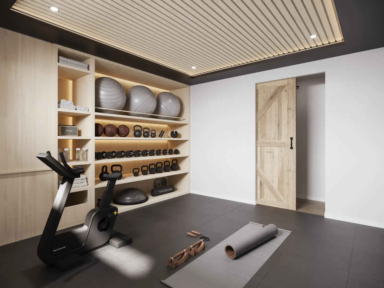 Fitness interior visualisation for 43 Teemangum Street, Currumbin, showing a carefully planned gym with timber equipment storage, strength and yoga equipment, acoustic ceiling detail and architectural lighting. Photorealistic commercial 3D render of a compact gym at 43 Teemangum Street, Currumbin, with integrated equipment storage, exercise bike and yoga area