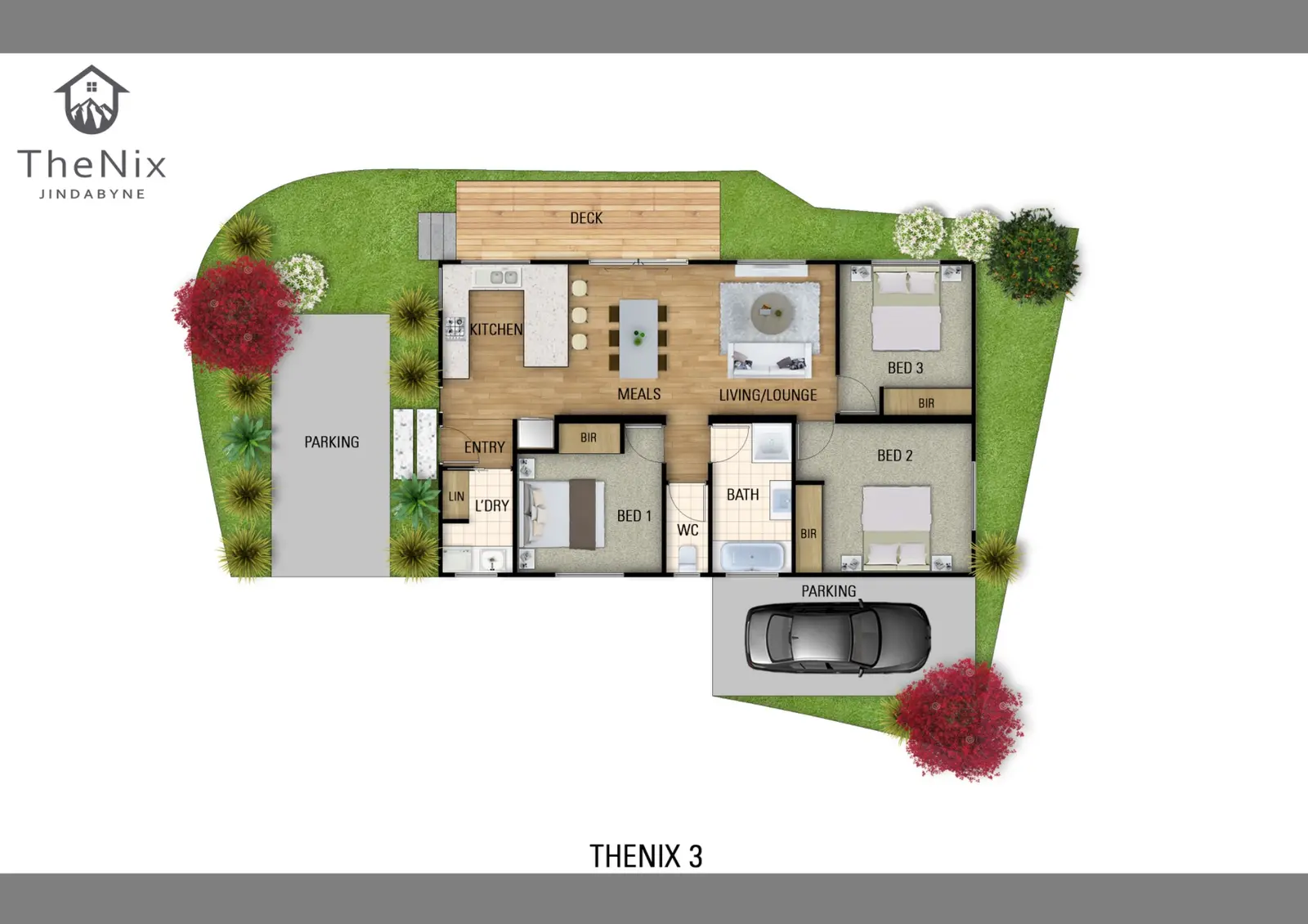 Branded sales floor plan for The Nix Jindabyne, showing a three-bedroom layout with kitchen, meals and living zones, deck, landscaped private open space, laundry, bathroom and parking. Coloured marketing floor plan for The Nix Jindabyne Unit 9 with three bedrooms, open-plan living, deck, landscaped garden and two parking spaces