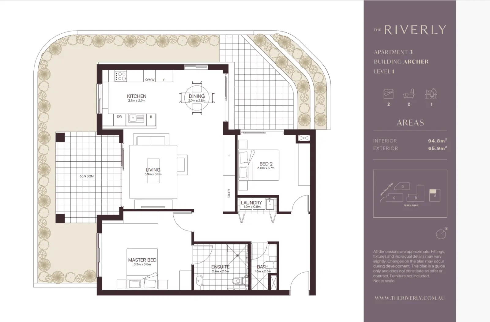 Branded apartment sales plan for The Riverly, combining the furnished two-bedroom layout, study, indoor and outdoor area figures, landscaped terraces, building location and project information. Branded marketing floor plan for The Riverly Apartment 3, Building Archer Level 1, with two bedrooms, two bathrooms, study and large landscaped terraces