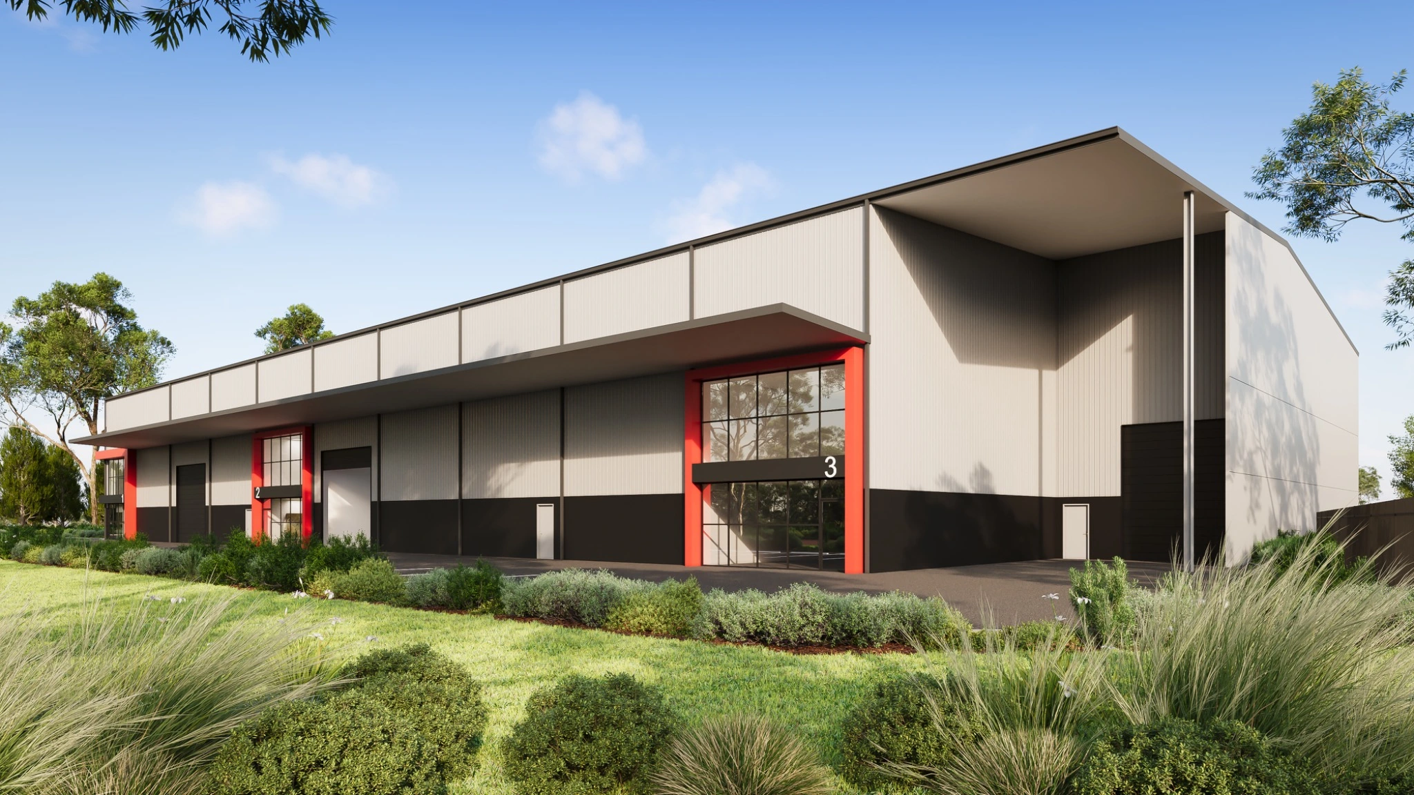 Industrial architectural visualisation for Tinnula Drive, Jilliby, presenting a contemporary warehouse development with clear tenant entries, loading doors, metal cladding and layered native landscaping. Photorealistic exterior 3D render of contemporary industrial units on Tinnula Drive in Jilliby with red-framed glazed entries, loading access and native landscaping
