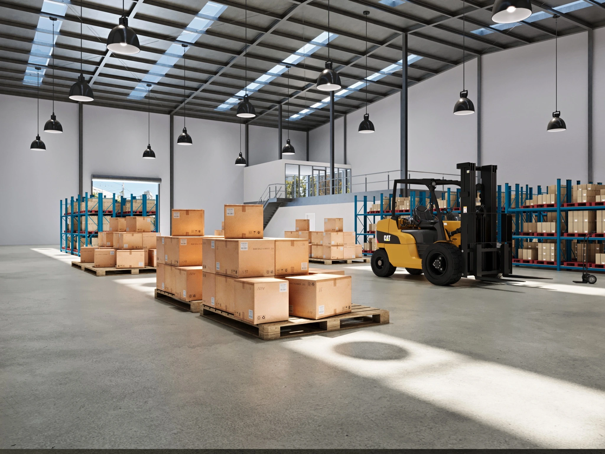 Warehouse interior visualisation for Tinnula Drive, Jilliby, showing storage operations, pallet racking, forklift access, a mezzanine office, structural framing and daylight from roof skylights. Photorealistic warehouse interior 3D render on Tinnula Drive in Jilliby with pallet racking, forklift, mezzanine office, skylights and suspended lighting