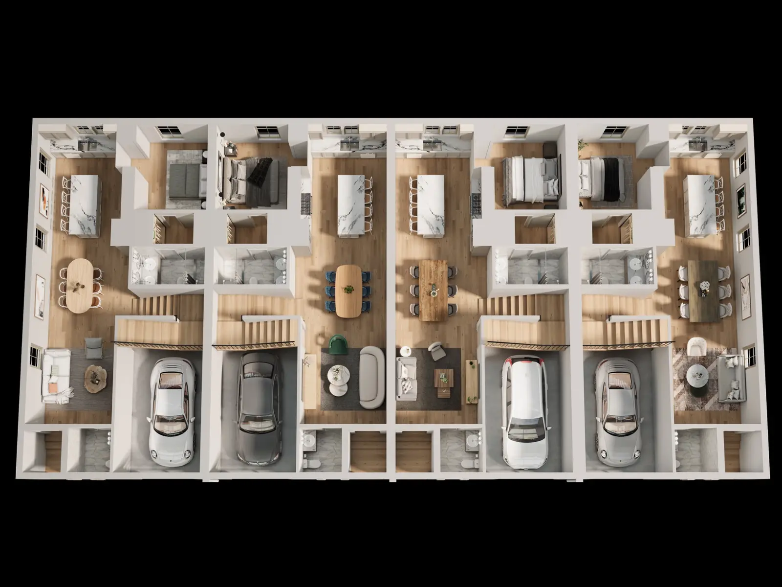 Three-dimensional development floor plan illustrating multiple connected townhouse layouts with realistic furniture, kitchens, bathrooms, living spaces, stairs and private garages. Top-down furnished 3D marketing floor plan of a multi-townhouse development showing kitchens, bedrooms, bathrooms, living areas and integrated garages