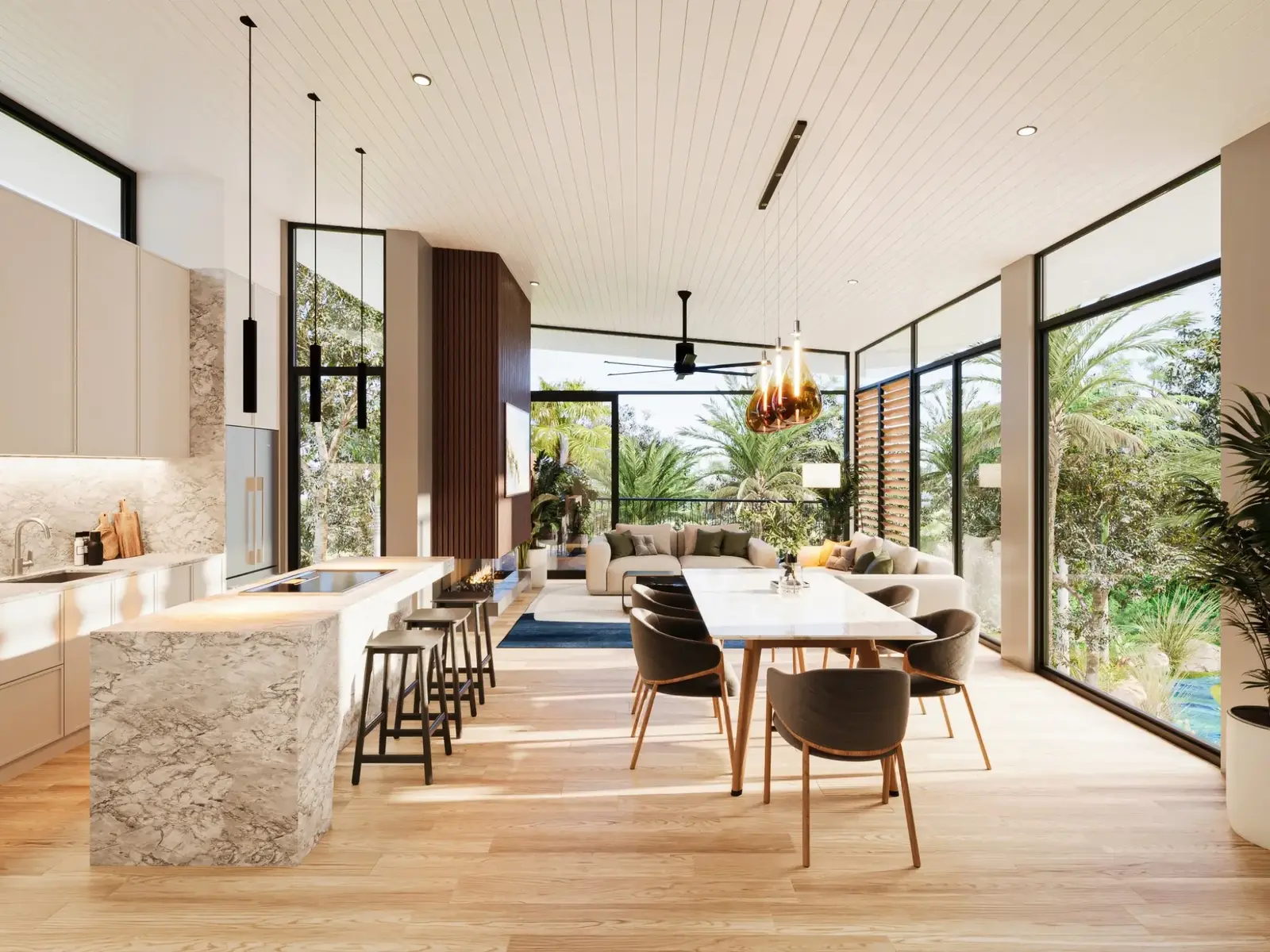Lifestyle-led interior visualisation for Twin Creeks Estate, combining a marble kitchen, generous dining area, lounge and expansive garden-facing glazing within one connected open-plan space. Photorealistic 3D render of an open-plan kitchen, dining and living interior at Twin Creeks Estate, with marble island, double-height glazing and tropical landscape views