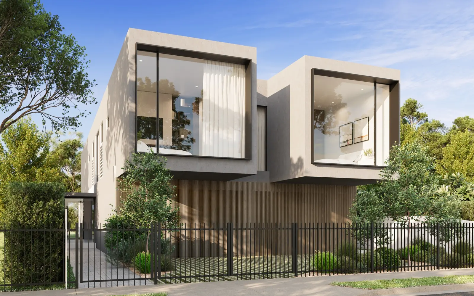 Residential exterior visualisation for 35 Union Street, Windsor, presenting the sculptural two-storey architecture, deep-framed glazing, vertical timber screening, secure frontage and layered native garden. Photorealistic exterior 3D render of a contemporary two-storey residence at 35 Union Street, Windsor, with projecting window forms, timber screening and native landscaping