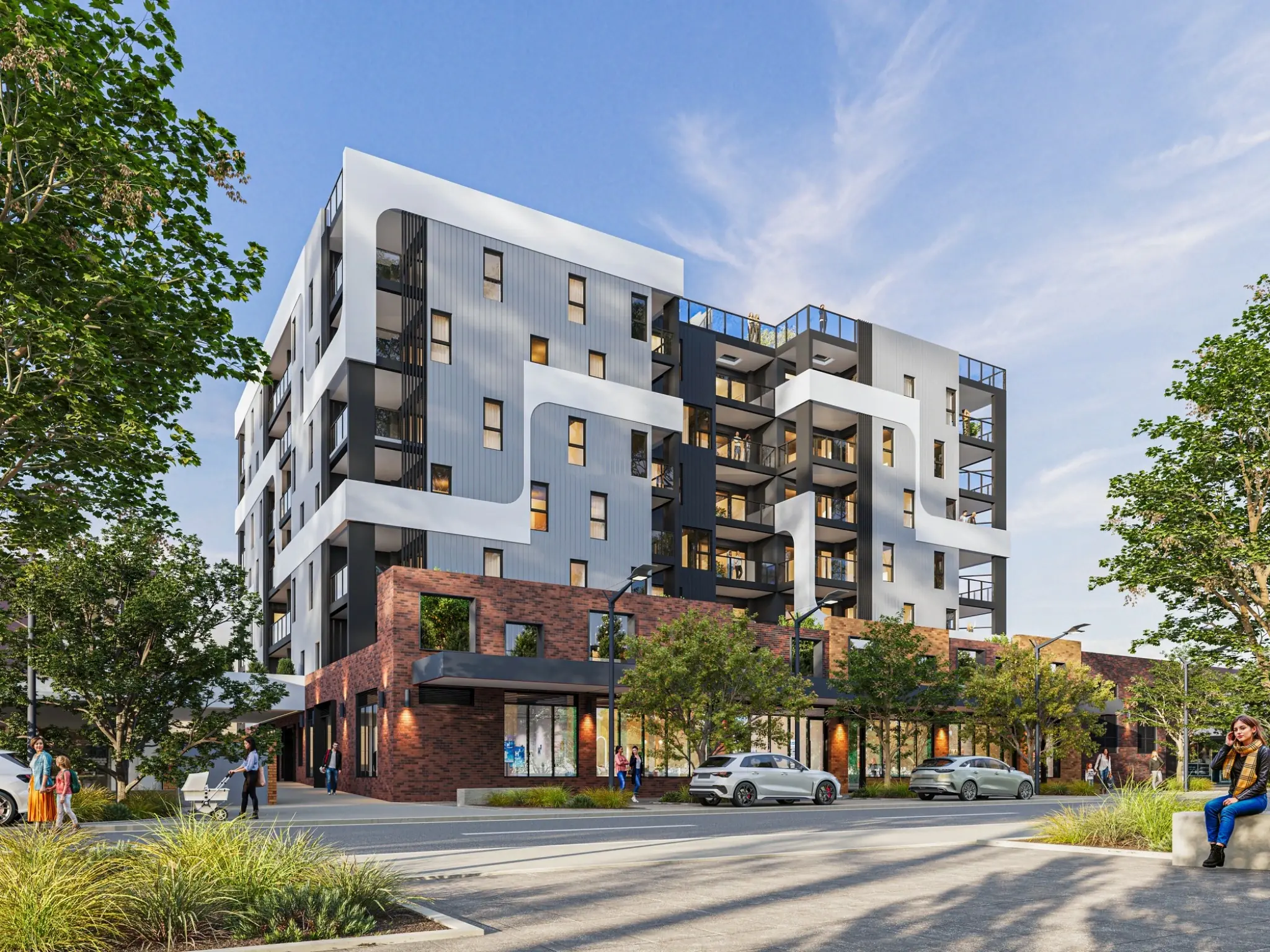 Property marketing visualisation of Vera Apartments, presenting its multi-residential architecture, public realm, residents, vehicles and street activity. Photorealistic street-view 3D render of Vera Apartments with a contemporary multi-residential facade, brick podium, landscaping and active Queanbeyan streetscape