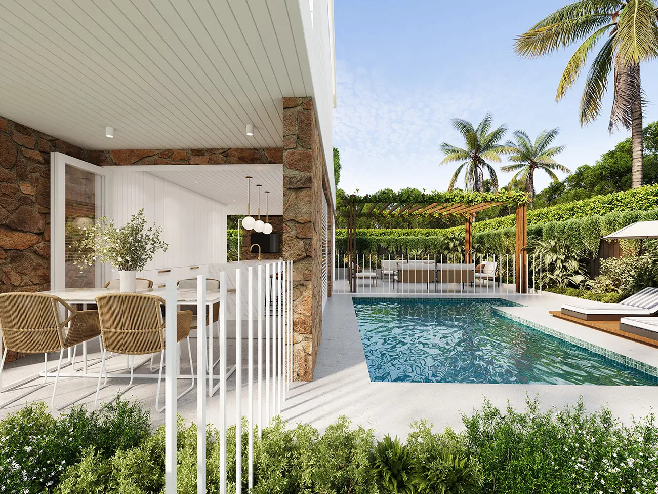 Indoor-outdoor residential visualisation for 12 Wildflower Street, Sunshine Beach, featuring a stone-lined alfresco dining space, swimming pool, pergola lounge and tropical garden setting. Photorealistic alfresco and pool 3D render at 12 Wildflower Street, Sunshine Beach, with stone walls, outdoor dining, tropical landscaping and indoor-outdoor living