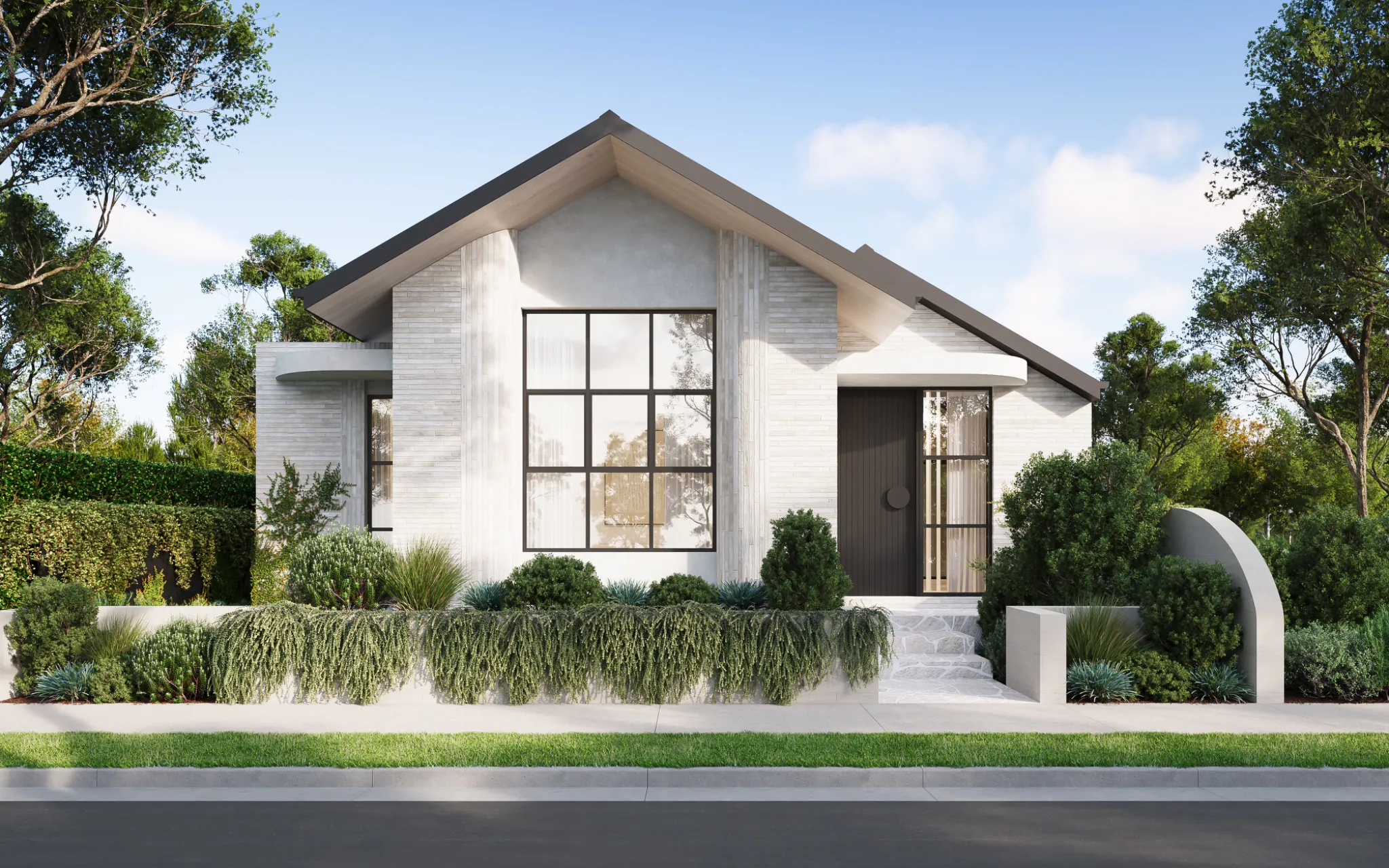 Photorealistic facade 3D render of a contemporary gabled home at 80 Wright Street in Middle Park, Victoria, with pale brickwork and landscaped frontage