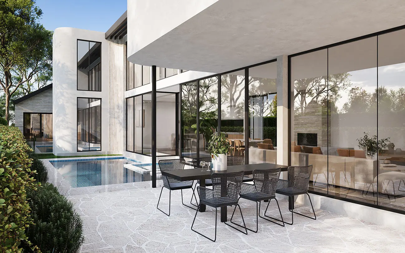 Architectural visualisation of the pool and courtyard at 80 Wright Street, Middle Park, featuring an outdoor dining terrace, curved contemporary forms, glazed living spaces and integrated landscape. Photorealistic pool and alfresco courtyard 3D render at 80 Wright Street, Middle Park, with outdoor dining, curved architecture and full-height glazing