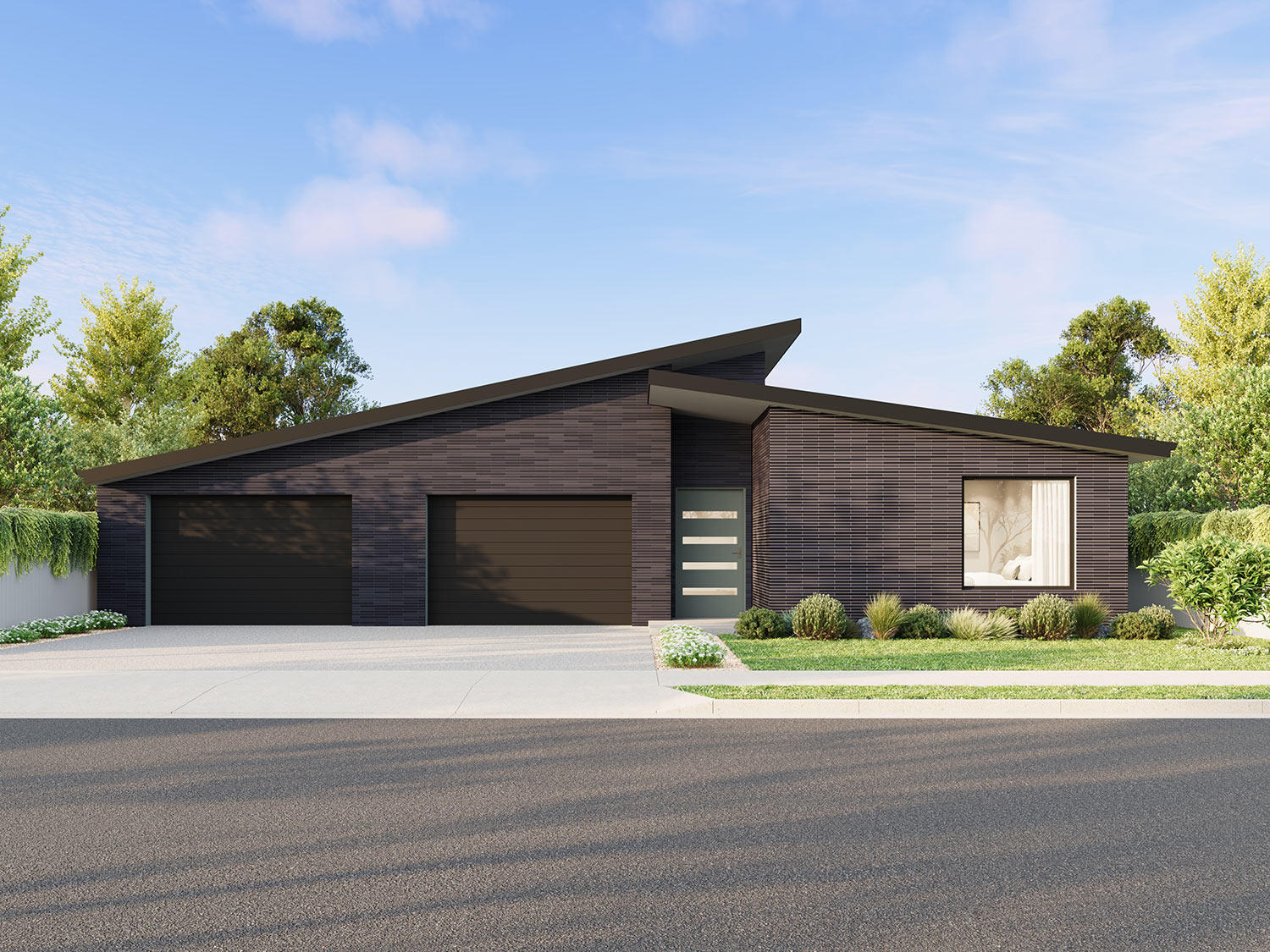 Contemporary dual garage home 3D Render in Sunshine West VIC with dark brick facade and modern rooflines
