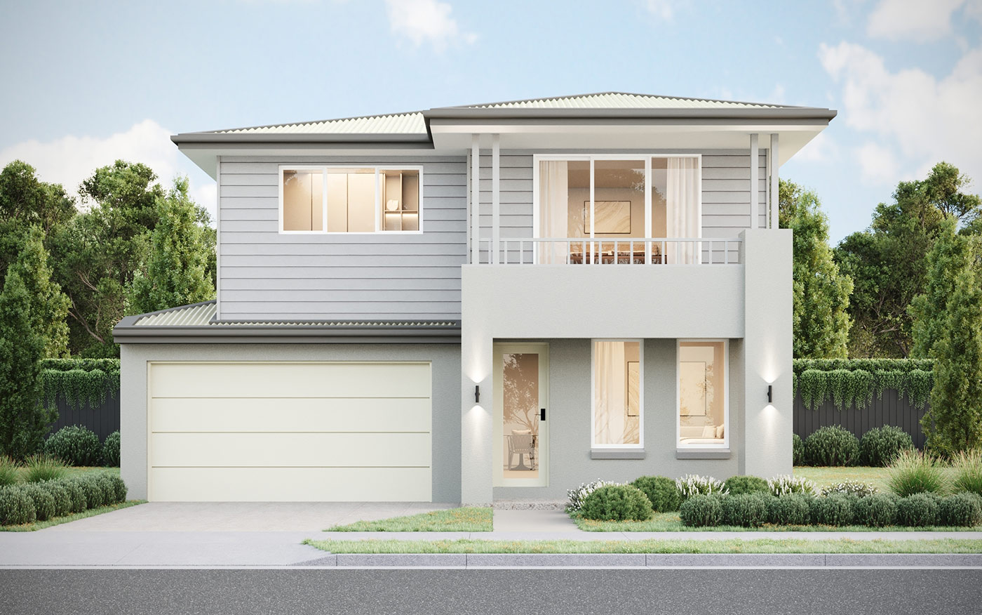Double storey family home in Alkimos WA 3D render with balcony, modern facade and landscaped front yard