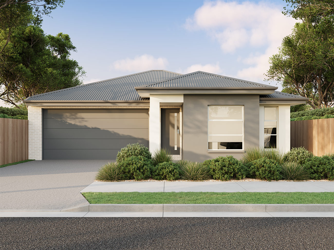 Single storey home facade in Angle Vale SA 3D rendering with corrugated roof, rendered walls and modern landscaping