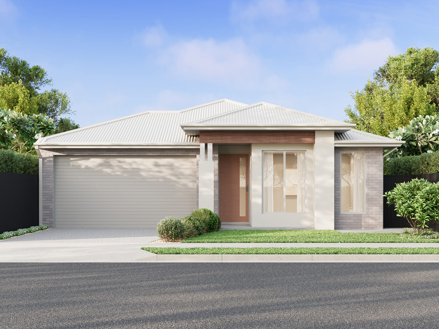 Modern residential home facade 3D Rendering in Deanside VIC featuring clean lines, brickwork and front landscaping