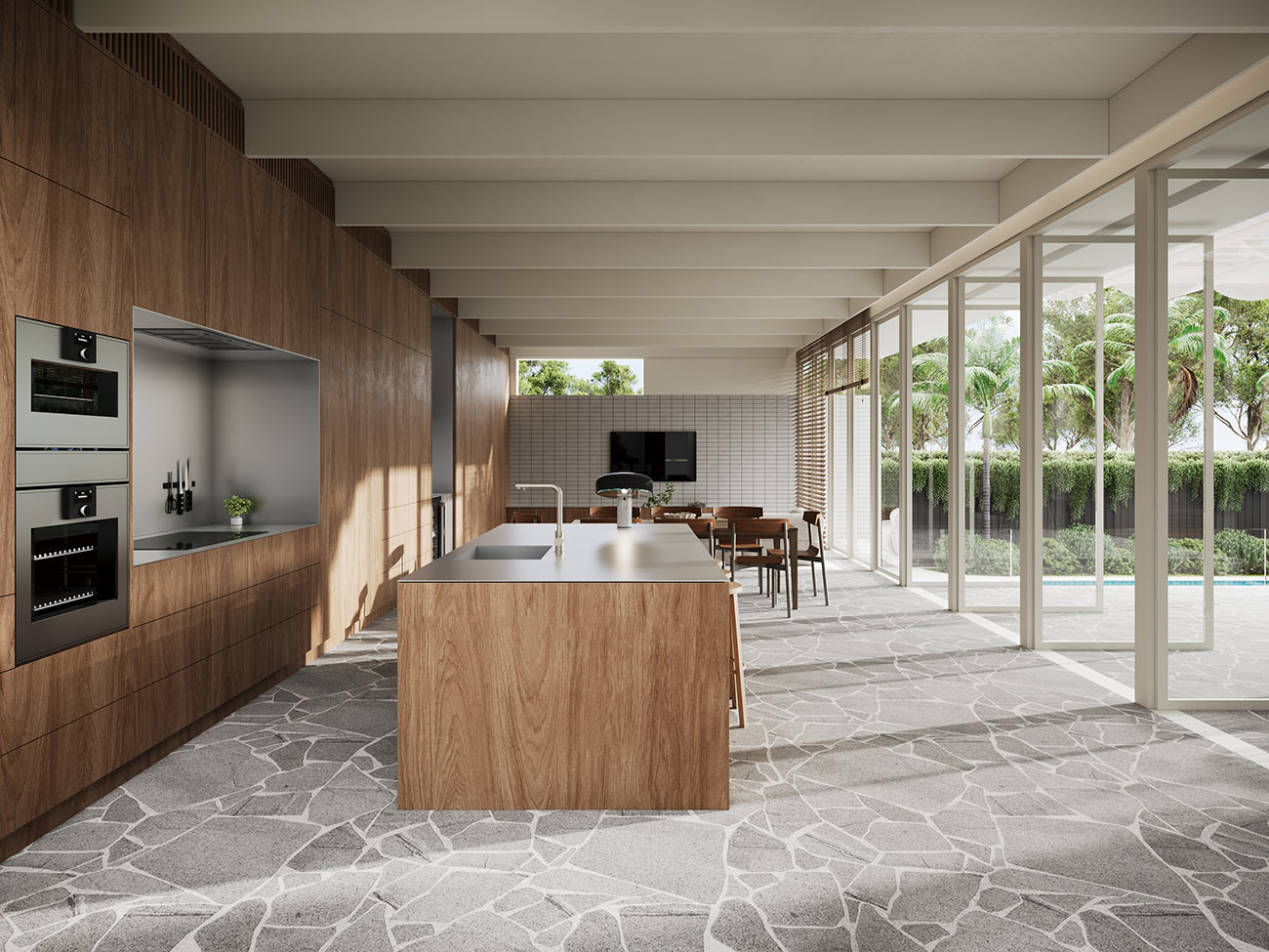 Architectural living space in Ascot Brisbane featuring curved ceilings and natural light presented as a high end 3D rendering