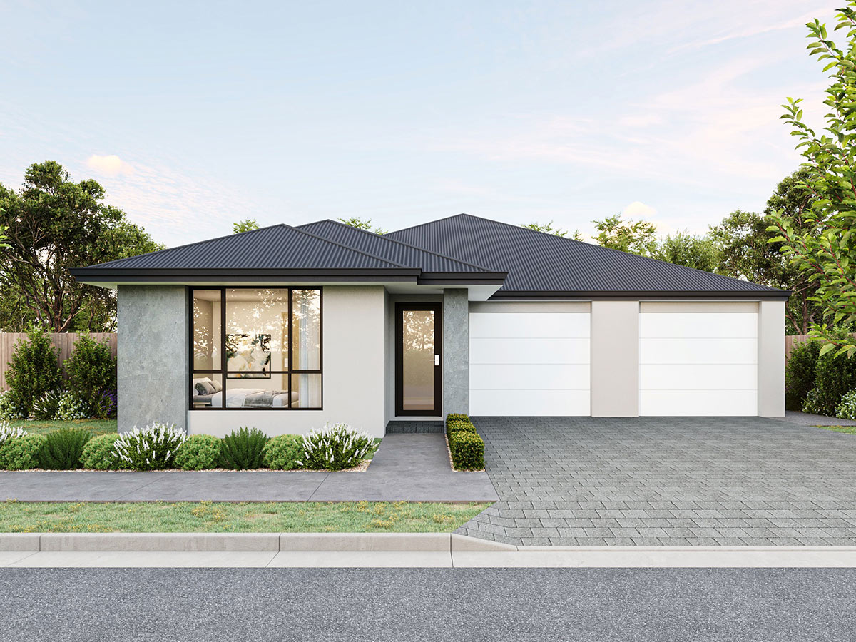 Modern single storey home facade 3D render in Tarana NSW featuring contemporary roofline, landscaped front yard and suburban streetscape