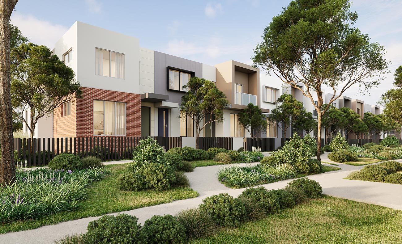 Townhouse development along Princes Highway Beaconsfield with modern facade articulation shown in a 3D Render