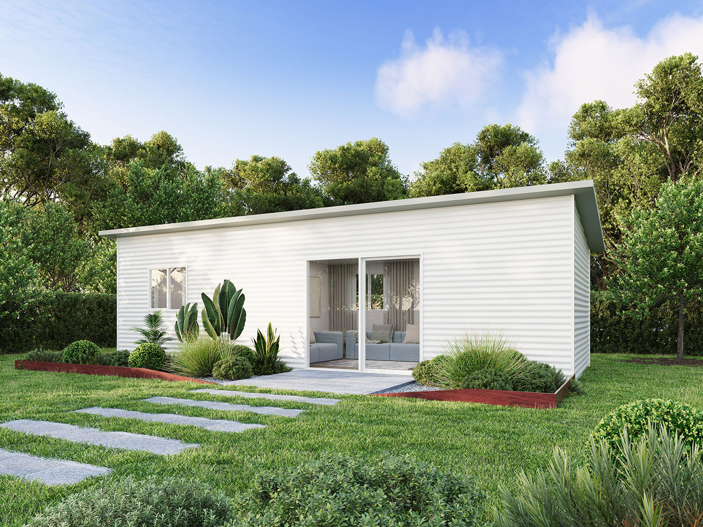 Coastal modular home 3D render in Yarrabilba QLD with light cladding, simple landscaping and relaxed residential design