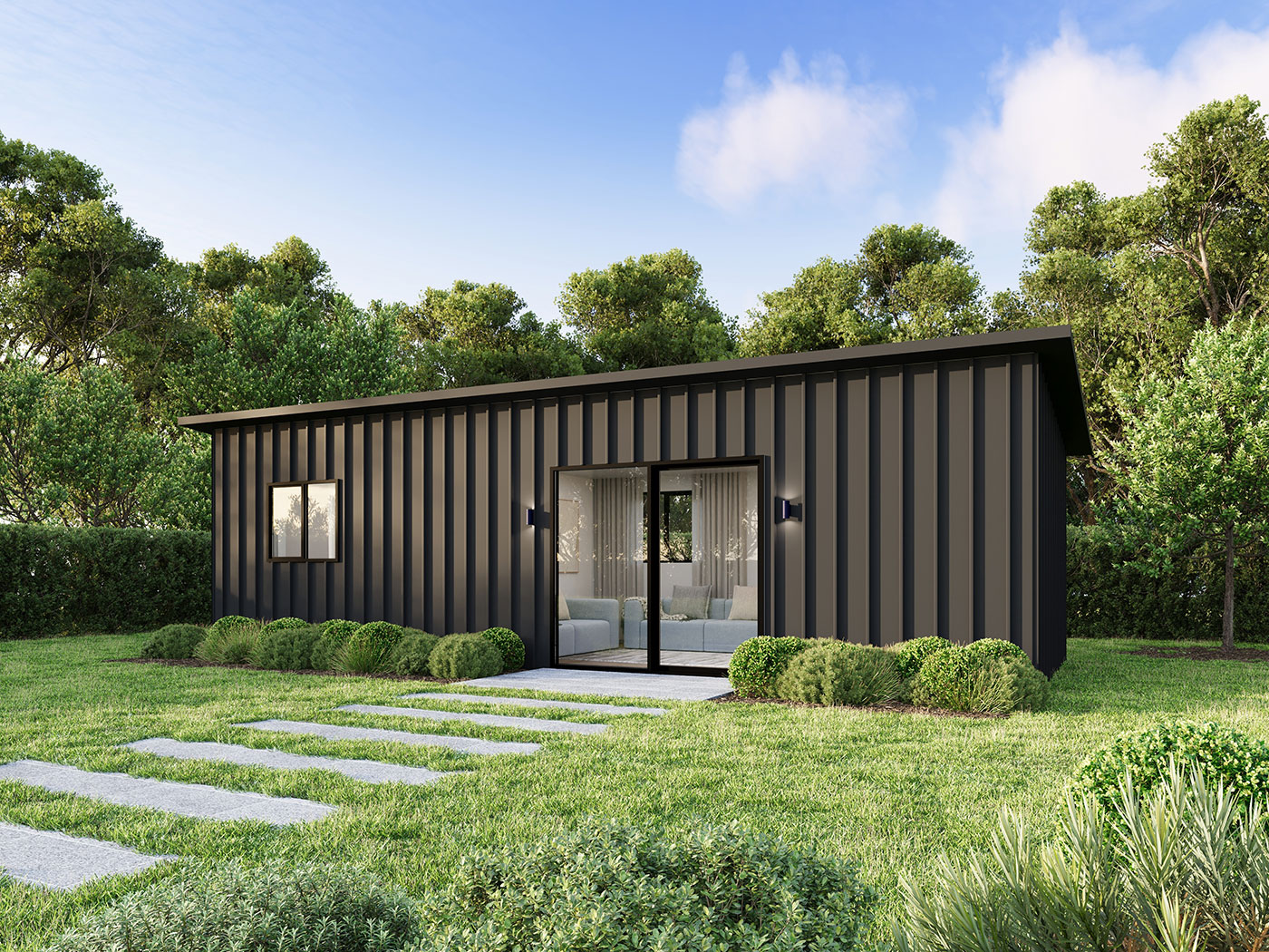 Industrial style modular home 3D rendering in Truganina VIC featuring dark cladding, minimal landscaping and modern design