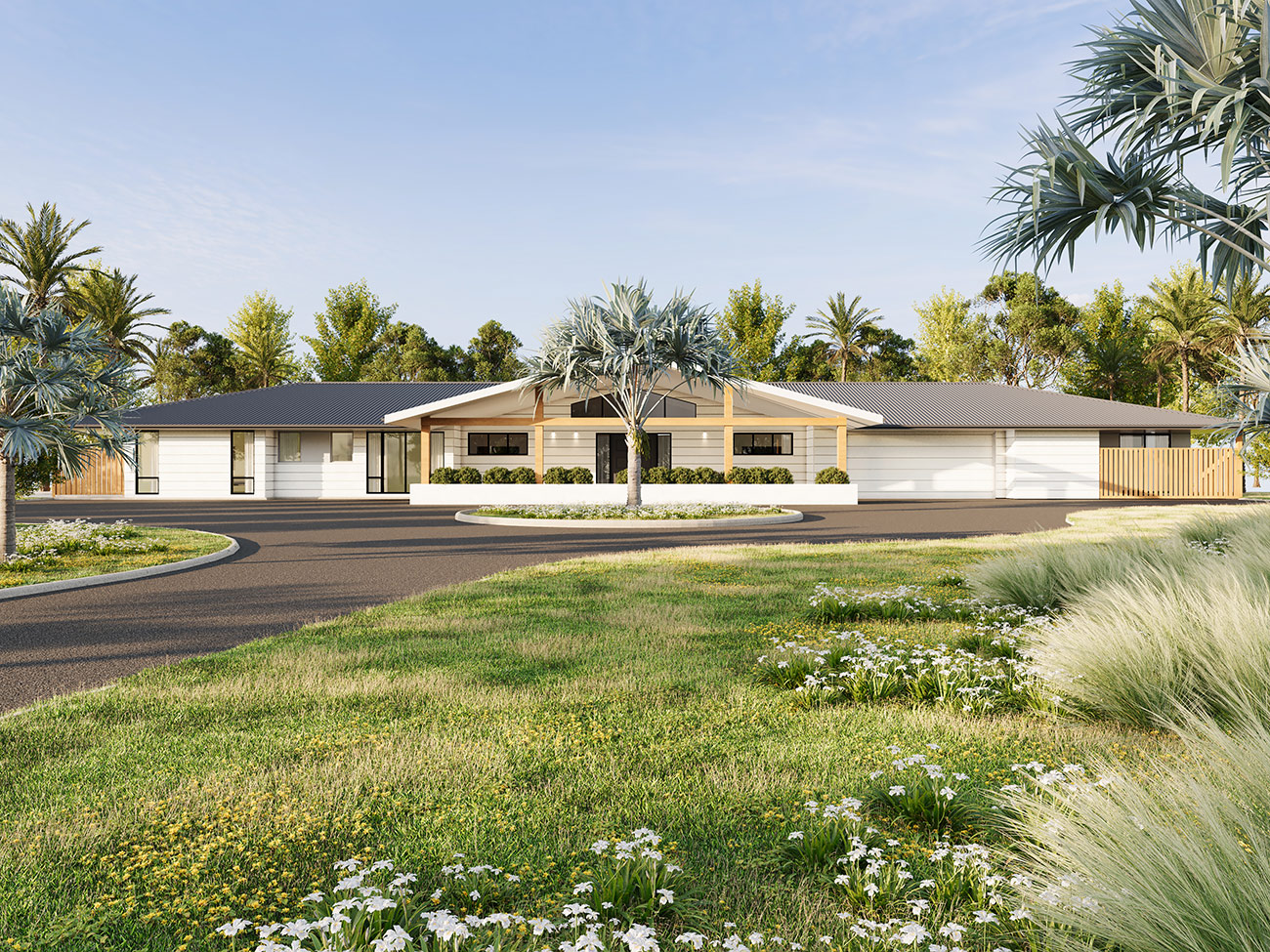Large acreage home in Binna Burra NSW 3D rendering with expansive driveway, landscaped gardens and rural setting