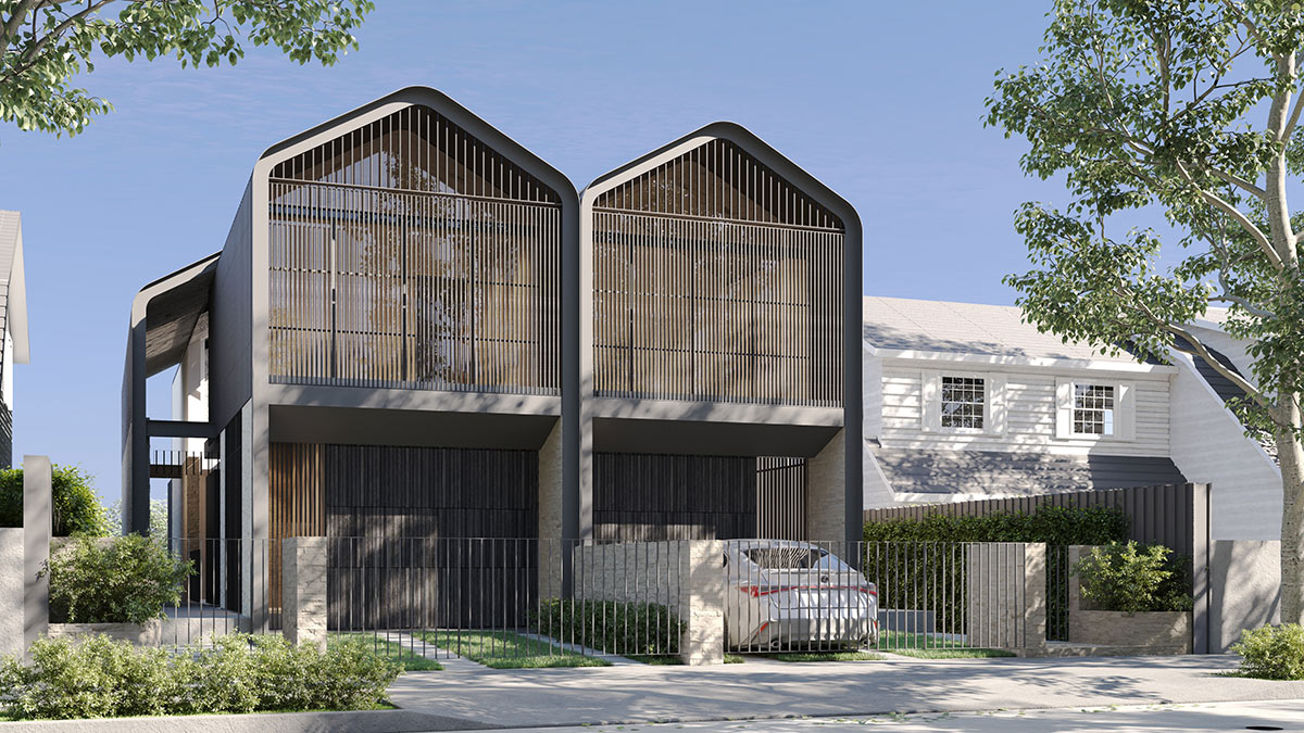 Architectural townhouse streetscape in Bondi featuring curved roof forms and timber screening in a detailed 3D Render