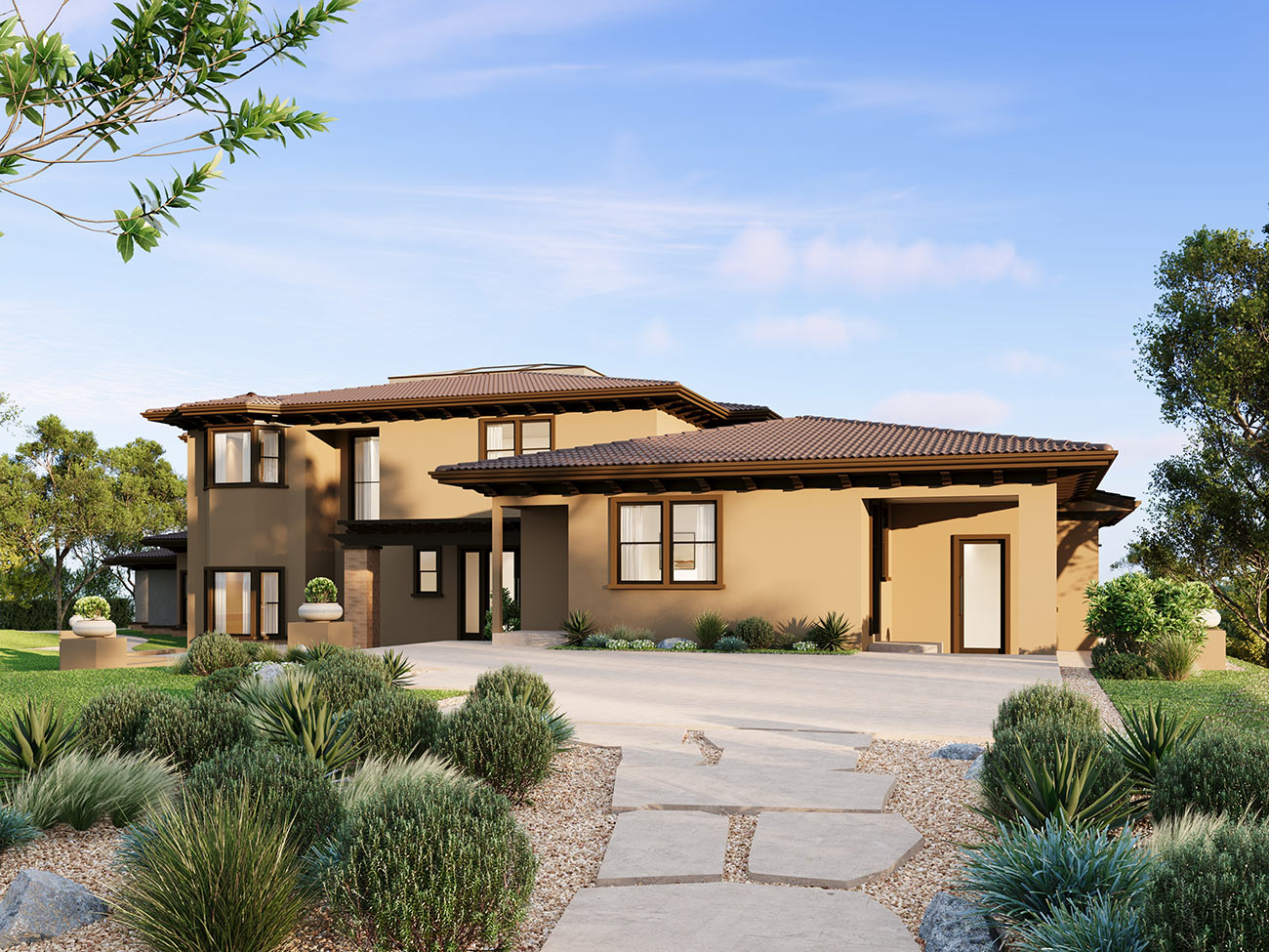 Luxury family home exterior 3D rendering in Box Hill VIC featuring modern architecture, landscaped garden and driveway design
