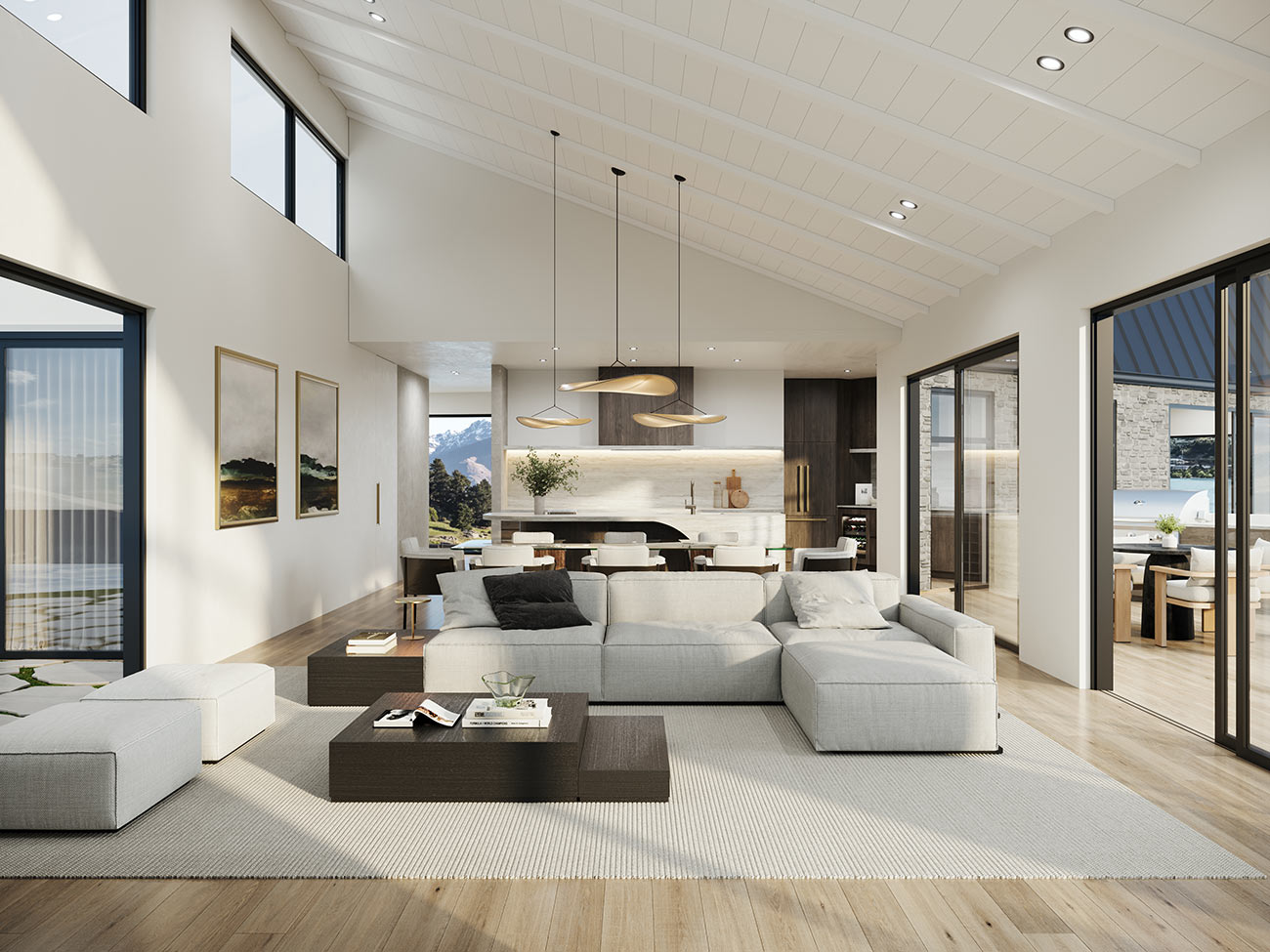 Contemporary kitchen living and dining space in Box Hill Melbourne filled with natural light presented as a photorealistic 3D render