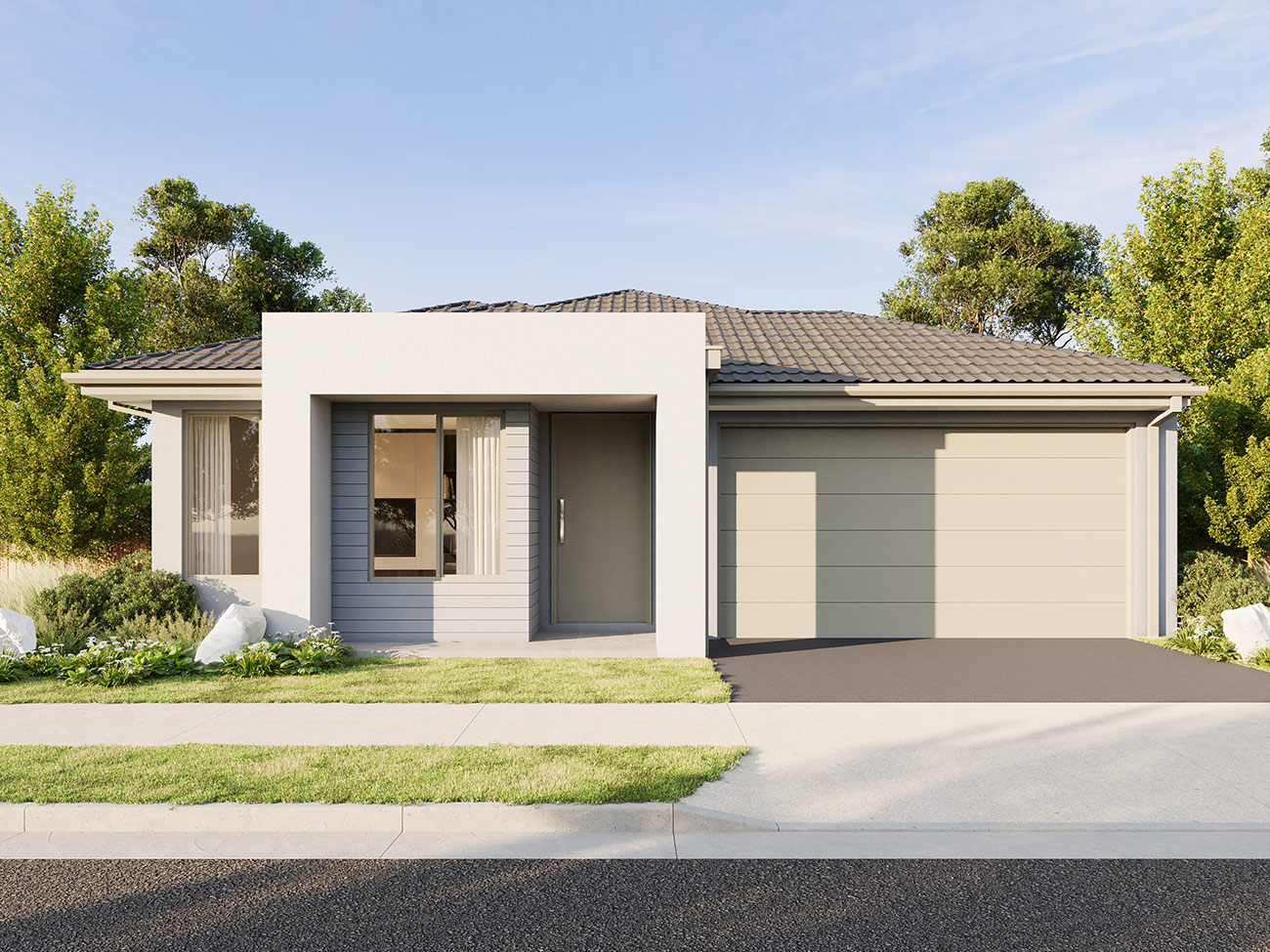 Minimalist single storey home in Box Hill NSW 3D render with clean lines, neutral palette and modern street appeal