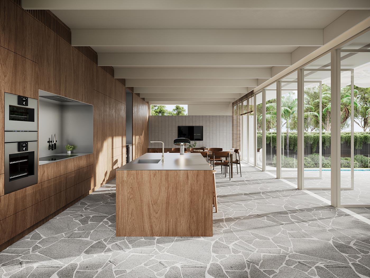 Modern living dining kitchen 3D rendering in Box Hill NSW featuring light-filled spaces and contemporary Australian home design
