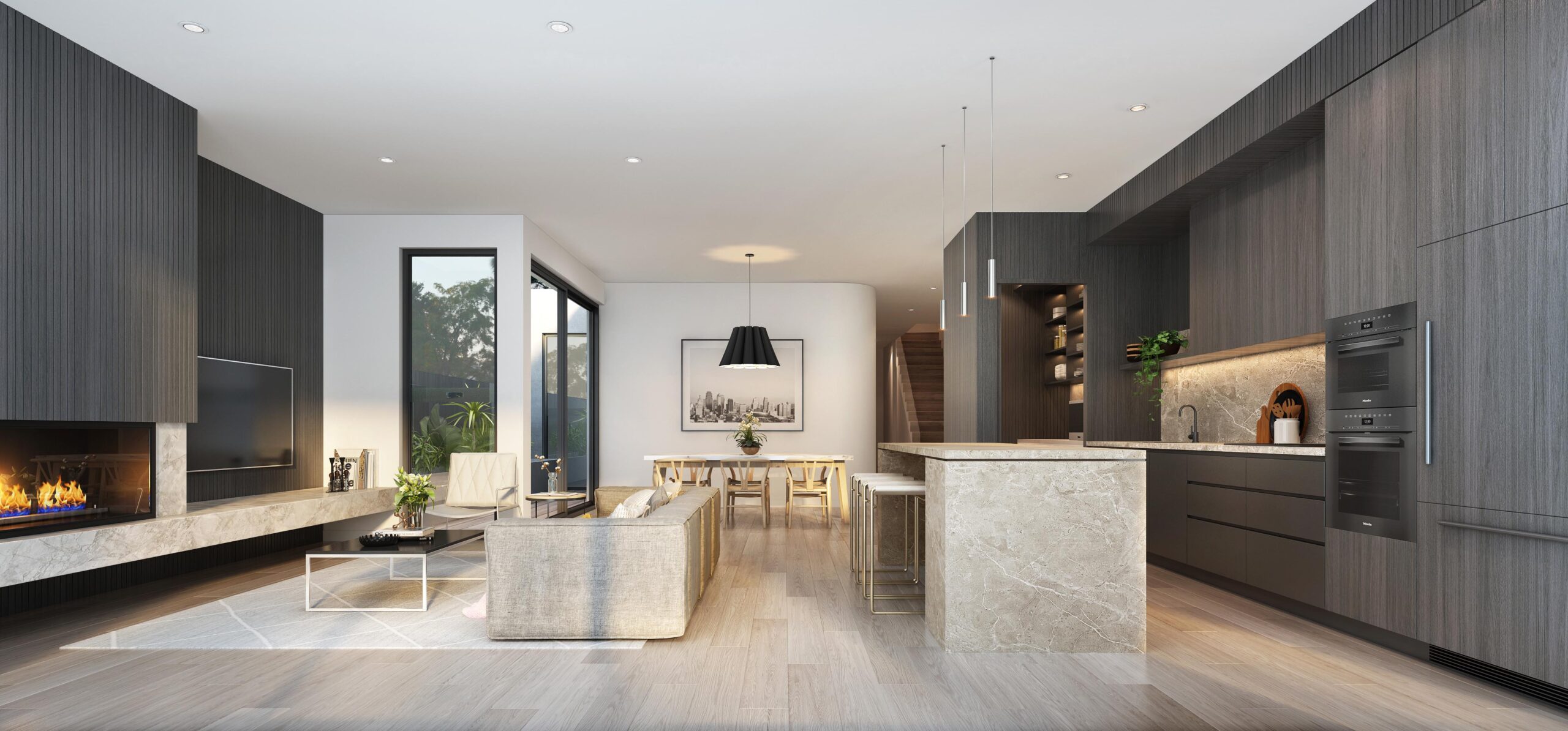 Luxury open plan living and kitchen in Brighton East Melbourne shown as a high-end residential 3D render with stone finishes and modern detailing