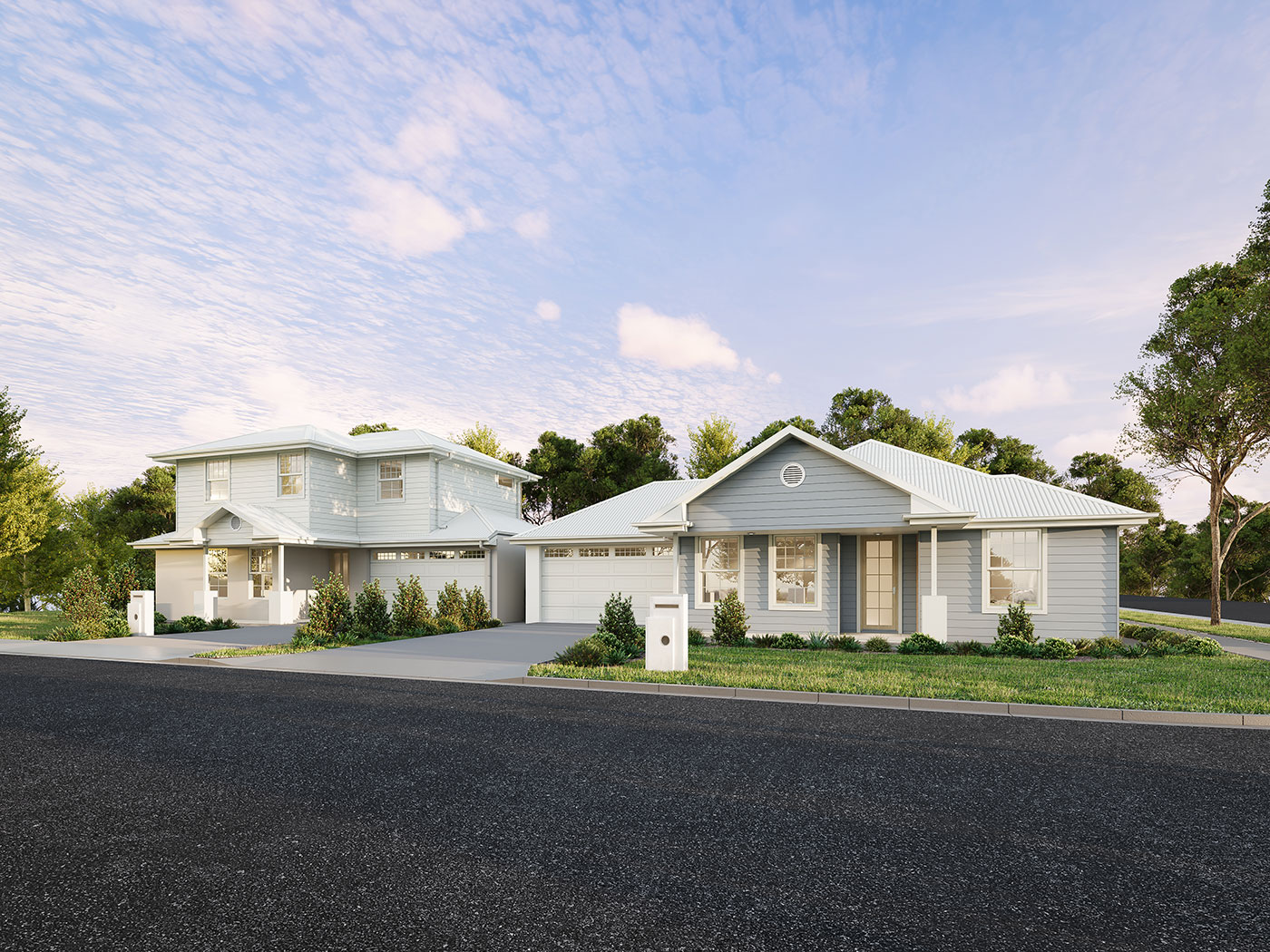 Hamptons style dual occupancy homes in Brighton VIC 3D render featuring weatherboard cladding and pitched roofs