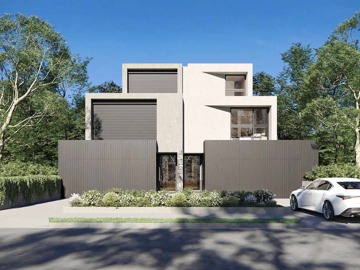 Minimalist modern duplex design in Bulleen with clean lines and rendered walls presented in a realistic 3D Rendering