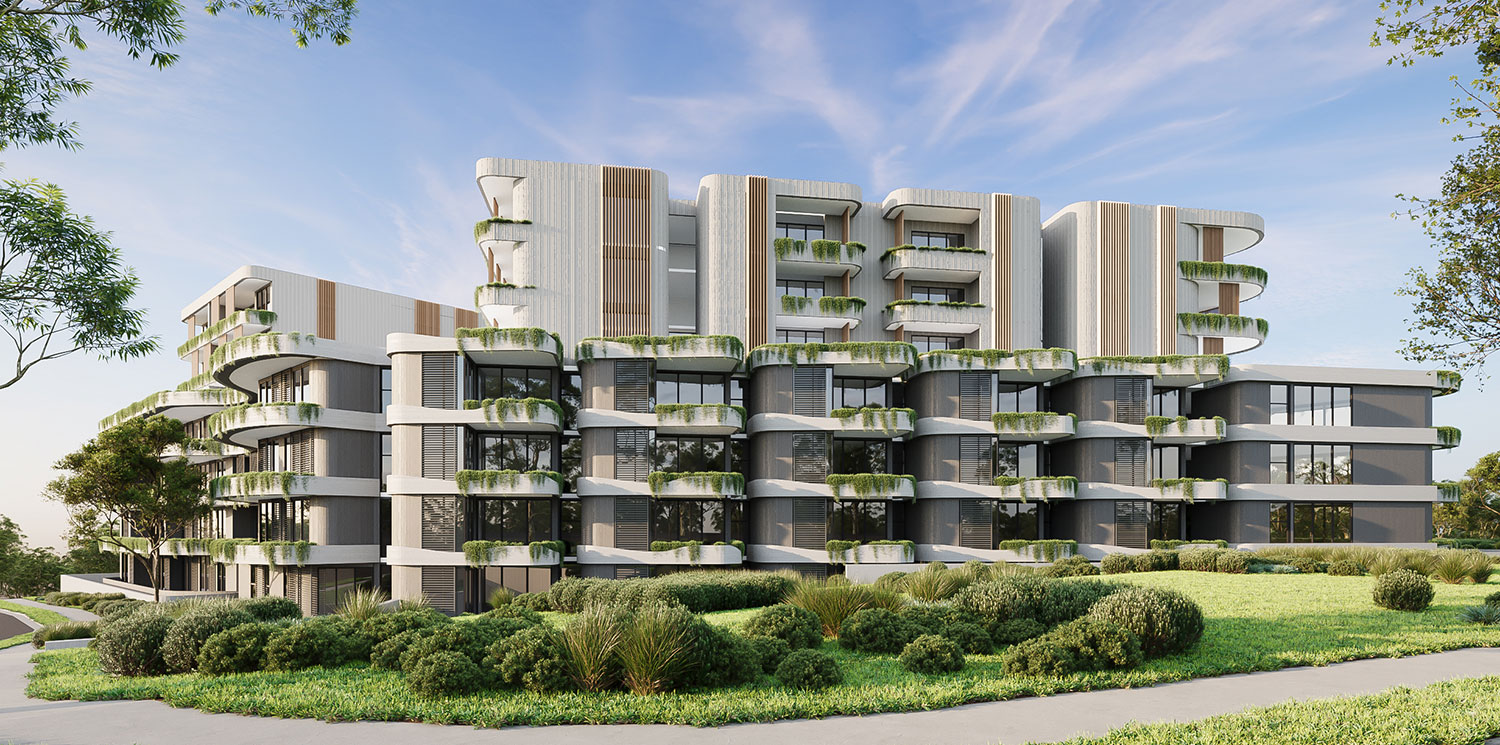 Townhouse development facade in Bundoora VIC 3D rendering with repeating modern architectural forms