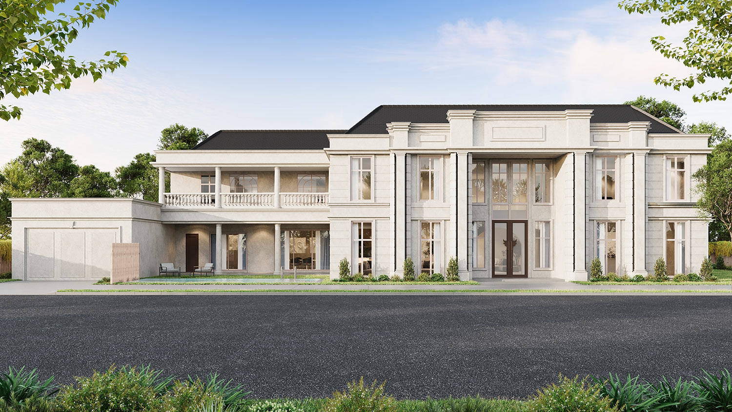Luxury classical mansion 3D Rendering in Camberwell VIC with grand columns, symmetry and high-end architectural detailing