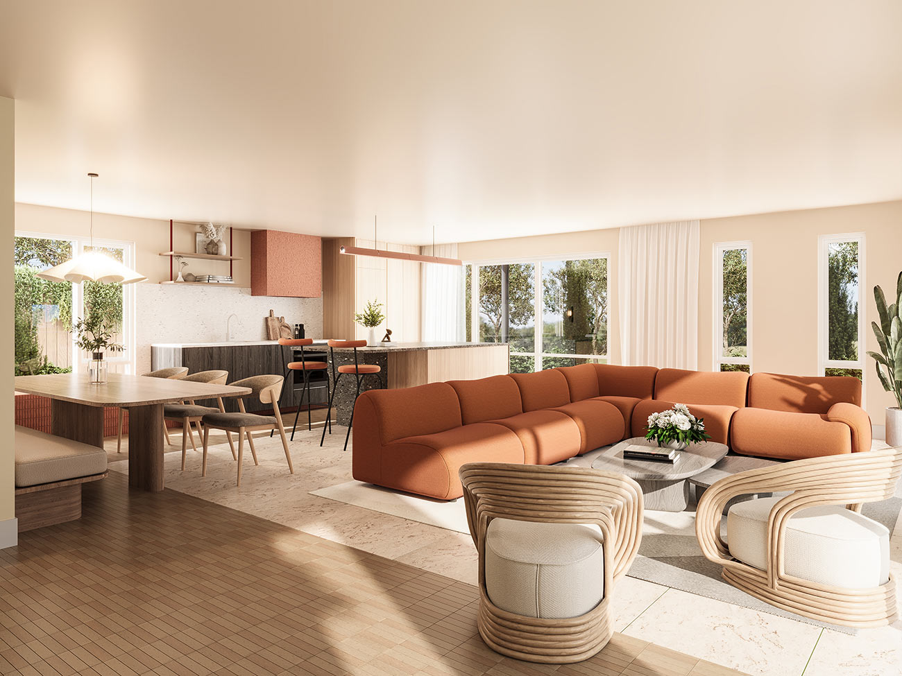 Coastal living room in Burleigh Heads Gold Coast with warm tones and modern furniture shown in a high end 3D rendering