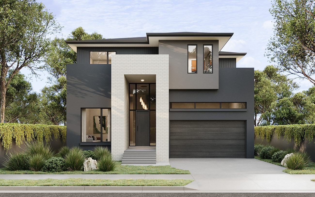 Contemporary house 3D render in Campbelltown Carnes Hill NSW with clean lines, neutral tones and landscaped frontage