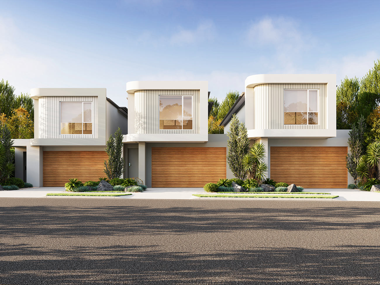 Modern townhouse facade in Campbelltown SA 3D render with minimalist design and landscaped frontage