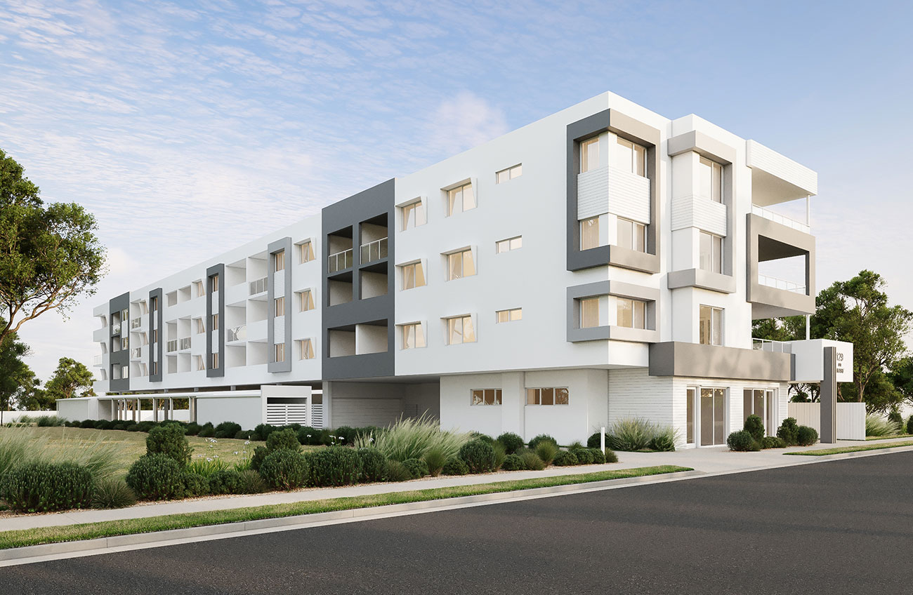 Modern apartment building facade in Cannington with layered balconies and greenery shown in a 3D Render