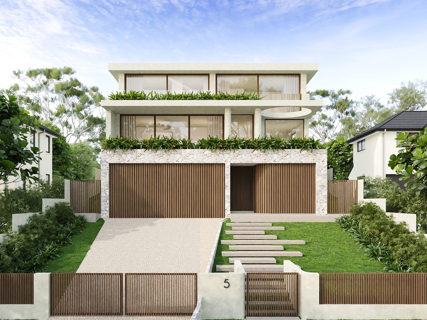 Luxury modern home in Caringbah South NSW 3D render with curved walls, stone detailing and premium landscaping