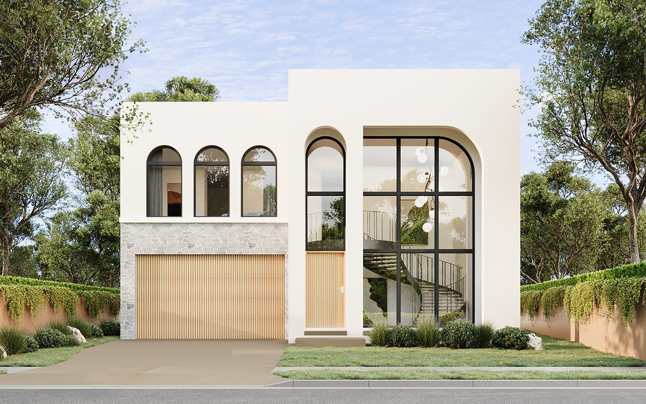 Modern suburban home 3D rendering in Carnes Hill NSW featuring simple geometry, light materials and front garden landscaping