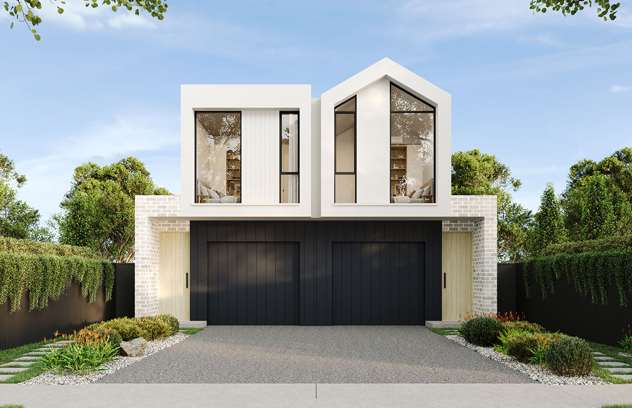 Luxury townhouse facade in Caulfield 3D render with stone cladding and contemporary architectural detailing
