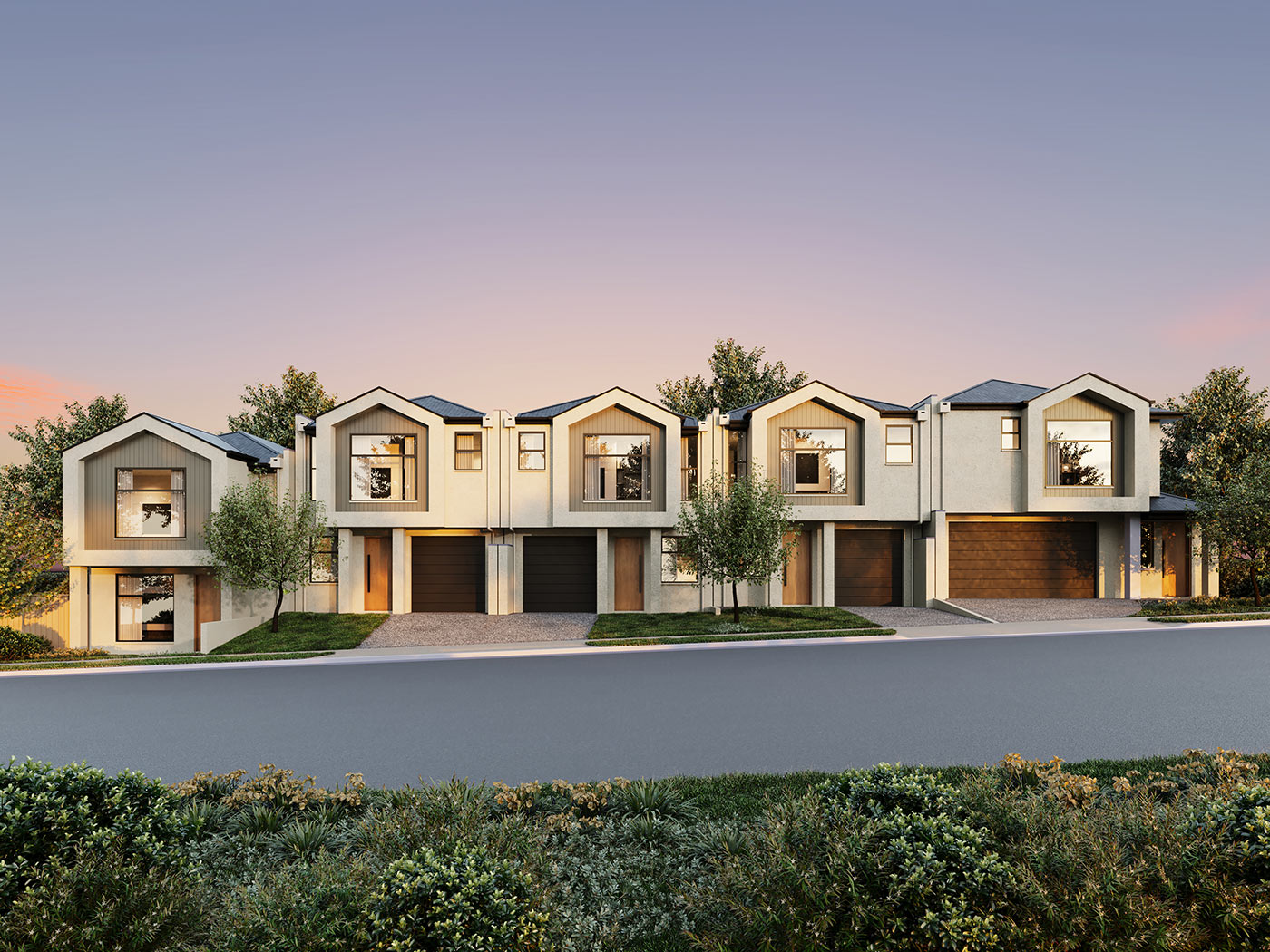 Coastal townhouse development in Christies Beach with timber accents and modern detailing in a 3D Rendering