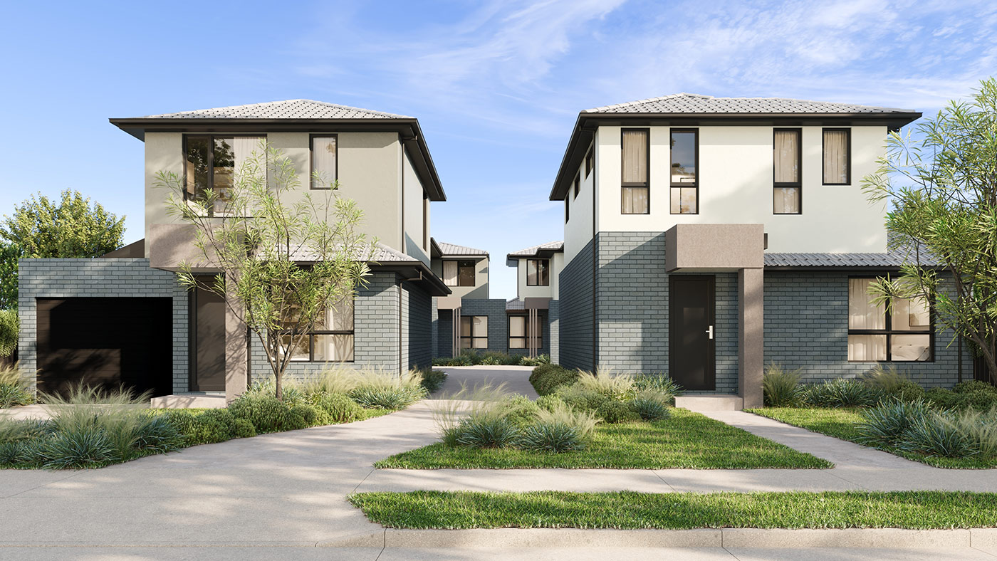 Modern townhouse development 3D rendering in Clayton South VIC with contemporary facade and landscaping