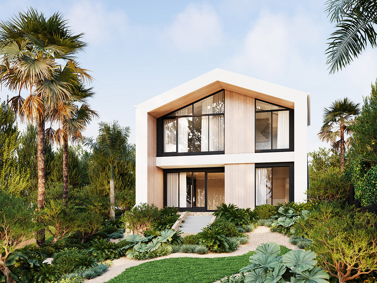 Luxury two storey home 3D render in Collaroy Plateau Brookvale Freshwater and Narraweena with arched windows and tropical landscaping